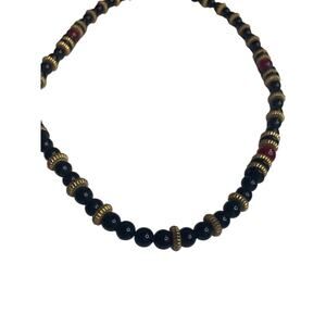 Vintage 23 Inch Beaded Necklace Red Black Goldtone Spacer Barrel Clasp